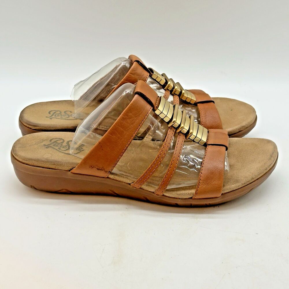 Pure Sole Slides Women's 7.5M Tan Leather Slip On Sandals with Gold Metal Trim